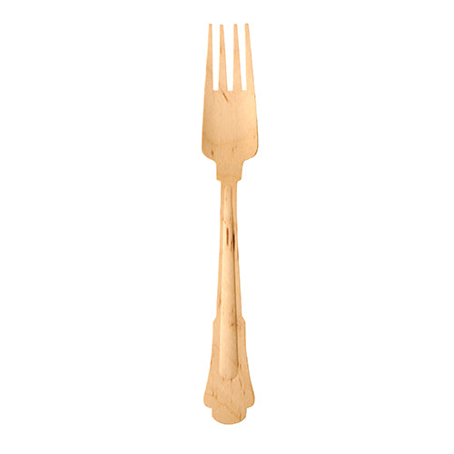 A PAPSTAR GmbH "pure" wooden fork (19.5 cm) with three prongs is depicted on a white background, illustrating the vintage design and eco-friendly style of PAPSTAR wooden forks (50 pieces).
