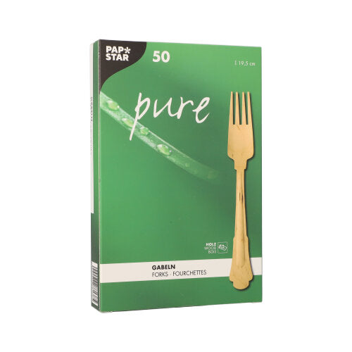 A green PAPSTAR GmbH box with the inscription "pure wooden forks" (19.5 cm, vintage design) contains 50 biodegradable wooden forks in sustainable cardboard tray packaging, decorated with a fork and leaf motif.