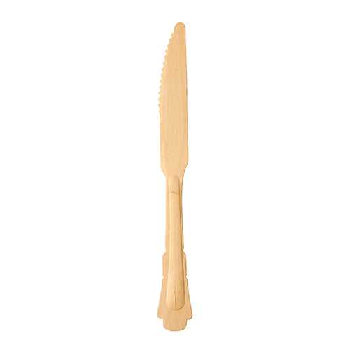 A single PAPSTAR wooden knife "pure", 20.5 cm in vintage design by PAPSTAR GmbH is shown vertically with the handle down and the serrated blade up against a white background.
