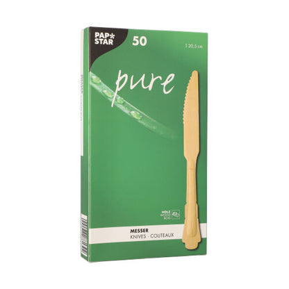 A green box with the inscription "pure" of PAPSTAR GmbH contains 50 wooden knives (20.5 cm) in vintage design in a paper tray. The front shows a wooden knife, an aloe vera leaf, and text in German, English, and French.