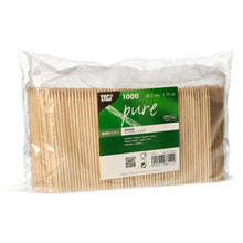 1,000 pieces PAPSTAR "Pure" Wooden Finger Food Skewers (Ø 3 mm, 10 cm) from the PAPSTAR GmbH made of clear plastic with a green-and-white label, ideal for the food service industry.