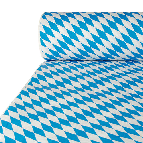 A PAPSTAR paper tablecloth with damask embossing Bavarian Blue (50 m x 1 m) with a blue-white Oktoberfest diamond pattern is partially unrolled on a flat surface. Brand: PAPSTAR GmbH.