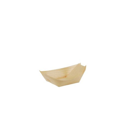 A small PAPSTAR GmbH finger food tray made of wood "pure" in a boat design (8.5x5.5 cm), 12-pack, with a slightly raised edge, on a white background.