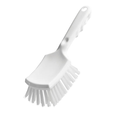 Die Haug Stielbürste mit kurzem Griff (260 x 72 x 55 mm) von Haug Bürsten KG ist eine weiße Reinigungsbürste mit festen Borsten und einem gebogenen Griff mit Aufhängeloch, ideal für den professionellen Einsatz und abgebildet auf einem schlichten weißen Hintergrund.