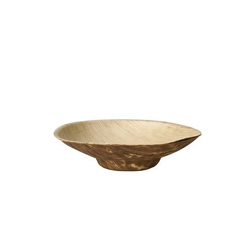 In front of a simple white background, a flat, round bowl made of brown bamboo wood from the 12-piece finger food bowl set "pure" from PAPSTAR GmbH can be seen.