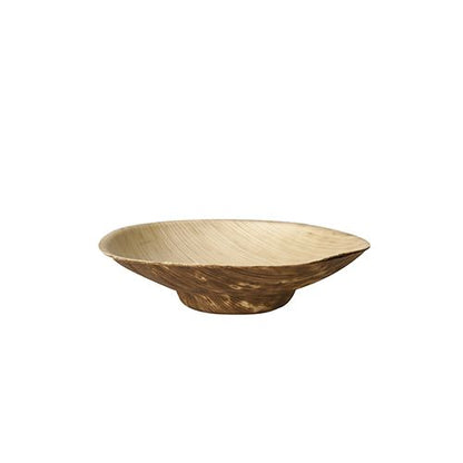 In front of a simple white background, a flat, round bowl made of brown bamboo wood from the 12-piece finger food bowl set "pure" from PAPSTAR GmbH can be seen.