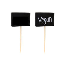Pictured are two rectangular black PAPSTAR finger food picks (8.5 cm) on wooden sticks - one without, one with "Vegan" in white lettering. Perfect for buffets and parties. From the PAPSTAR GmbH, pack of 20, upright on a white background.