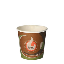 A small Starpak paper drinking cup "To Go" (0.1 l, Ø 6.3 cm) with brown, green, and white design and the text "Hot Drinks to go" - ideal for hot and cold drinks on the go. The empty cup is shown on a white background. 80 pieces/shrink wrap.