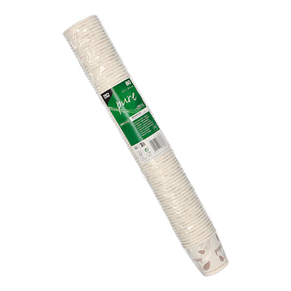 A package of 60 disposable cups 80 "pure" of PAPSTAR GmbH made of white cardboard, stacked and packed in a transparent sleeve with a green "pure" label and product information.