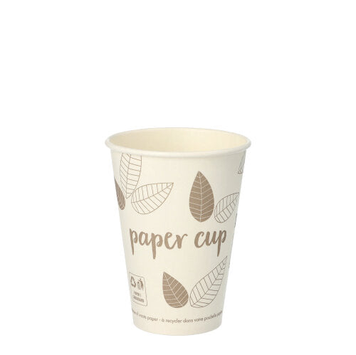 A beige PAPSTAR 80 drinking cup, cardboard "pure" of PAPSTAR GmbH, with leaf pattern and "Paper Cup" print, stands upright on a white background - ideal as an environmentally friendly disposable cup.