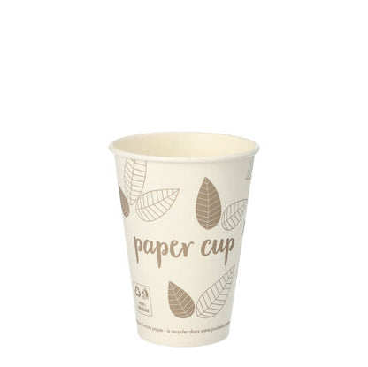 A beige PAPSTAR 80 drinking cup, cardboard "pure" of PAPSTAR GmbH, with leaf pattern and "Paper Cup" print, stands upright on a white background - ideal as an environmentally friendly disposable cup.