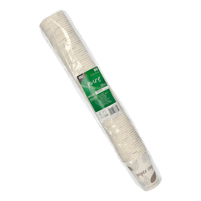 A sealed package of 80 drinking cups, cardboard "pure" of PAPSTAR GmbH: 80 disposable cardboard cups with a simple brown leaf pattern, stacked and wrapped in plastic foil with a green-white label.