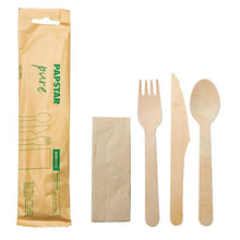 The PAPSTAR GmbH cutlery set wood "pure" includes a knife, fork, spoon, and napkin in a paper packaging - an environmentally friendly disposable option from PAPSTAR.