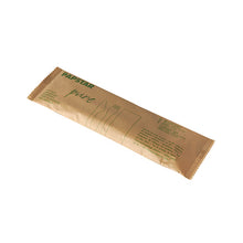A sealed brown paper bag with the inscription "PAPSTAR pure" by PAPSTAR GmbH contains a cutlery set made of wood (knife, fork, napkin), environmentally friendly and photographed on a white background.