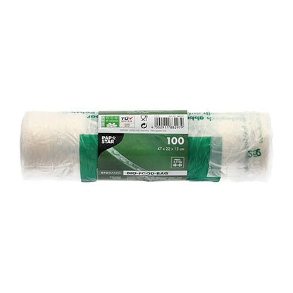The PAPSTAR GmbH 100 shirt carrier bags made of transparent bio-film (47x22x13 cm) on a roll are environmentally friendly knot bags, ideal for daily use, practically packaged with a green-white label.