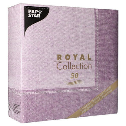 A pack of PAPSTAR 50 napkins "ROYAL Collection" 1/4 fold 40 x 40 cm in fuchsia. The front displays the brand and collection name of PAPSTAR GmbH, indicating the contents of 50 napkins.