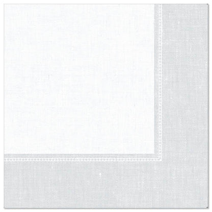 White, square napkin from the "ROYAL Collection" of PAPSTAR GmbH (40 x 40 cm, 1/4-fold), depicted on a plain white background, with a light gray border and subtle stitched edge pattern. Pack of 50 pieces.