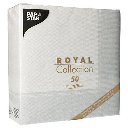 A 50-pack of PAPSTAR napkins "ROYAL Collection" 1/4-fold, 40 x 40 cm in white, from PAPSTAR GmbH, with bold branding and collection details on the packaging.