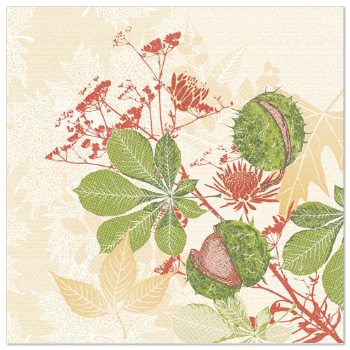 Illustration of green horse chestnut leaves and seed pods with red and beige botanical accents on a cream background, depicted on PAPSTAR 50 napkins "ROYAL Collection" 1/4-fold 40 x 40 cm from PAPSTAR GmbH.