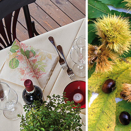 A split image shows an elegant table setting with wine, glasses, cutlery, and PAPSTAR GmbH 50 napkins "ROYAL Collection" (1/4-fold, 40 x 40 cm) with a leaf motif, next to a close-up of chestnuts and leaves.