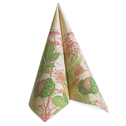 The folded napkin PAPSTAR 50 napkins "ROYAL Collection" 1/4-fold 40 x 40 cm with floral and leaf pattern stands upright on a white background and adds elegance to any set table. Brand: PAPSTAR GmbH.