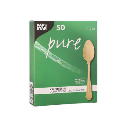 A green PAPSTAR box with the inscription "pure" contains 50 wooden coffee spoons in vintage design (12 cm), with a photo of a spoon on the front and text in German and English. Brand: PAPSTAR GmbH.