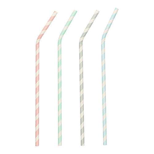 Four pastel-colored PAPSTAR 100 paper straws (Ø 6 mm) by PAPSTAR GmbH are lined up on a white background. The eco-friendly straws have a flexible tip and are available in pink, green, gray, and blue.