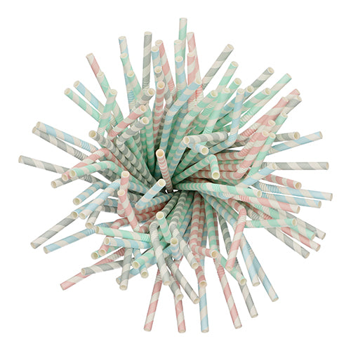 Top view of PAPSTAR 100 straws, paper Ø 6 mm from PAPSTAR GmbH, with blue, pink, and white diagonal stripes. The eco-friendly paper straws are arranged upright in a circular formation and spread outward.