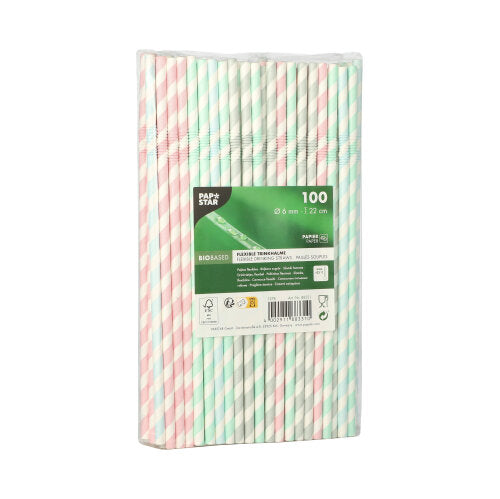 A sealed package with 100 PAPSTAR 100 straws, paper Ø 6 mm from PAPSTAR GmbH in pastel pink, white, and green stripes. The label contains product information and barcodes in multiple languages.