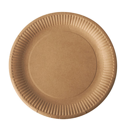 The PAPSTAR 50 plates, cardboard "pure" round - brown from PAPSTAR GmbH is an eco-friendly, biodegradable disposable plate with a slightly textured edge - perfect for sustainable products.