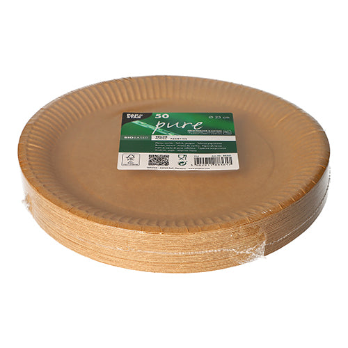 PAPSTAR GmbH 50 plates, cardboard "pure" round - brown, biodegradable disposable plates in a set, shrink-wrapped in foil with a green-white label; Ideal for sustainable and environmentally friendly use.