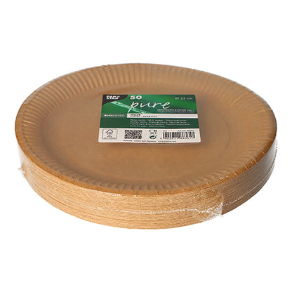 PAPSTAR GmbH 50 plates, cardboard "pure" round - brown, biodegradable disposable plates in a set, shrink-wrapped in foil with a green-white label; Ideal for sustainable and environmentally friendly use.