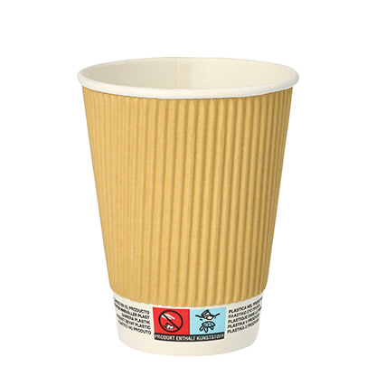 A brown PAPSTAR drinking cup cardboard (Ø 9 cm, 11 cm high) with a white interior and ribbed ripple wall design, labeled with text and no-plastic symbols near the bottom. The brand is PAPSTAR GmbH; the set contains 10 pieces; solid white background.