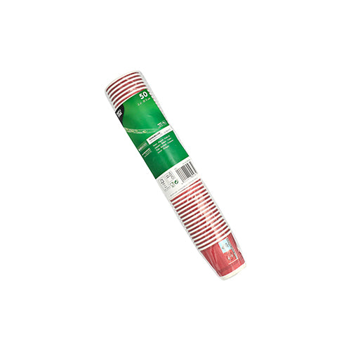 A sealed pack of 50 red PAPSTAR "Party Time" paper cups (5 cl) from PAPSTAR GmbH - perfect disposable cups for any party, here with a green label on a white background.