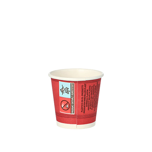 A small, red PAPSTAR paper drinking cup (5 cl) from the "Party Time" range by PAPSTAR GmbH with printed warnings is depicted in this 50-pack on a white background.