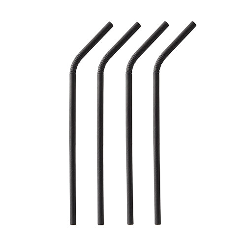 Four black PAPSTAR 100 paper straws (Ø 6 mm) by PAPSTAR GmbH are arranged vertically in a row, each with a flexible, foldable section near the top for bending.