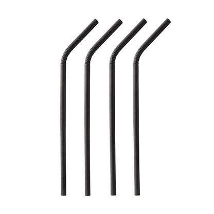 Four black PAPSTAR 100 paper straws (Ø 6 mm) by PAPSTAR GmbH are arranged vertically in a row, each with a flexible, foldable section near the top for bending.