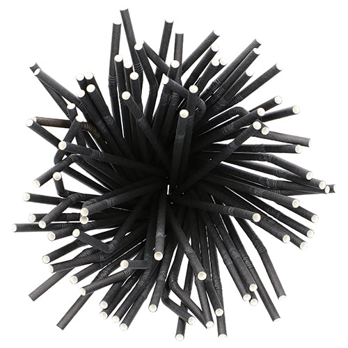 An assembly of PAPSTAR 100 straws, paper Ø 6 mm from PAPSTAR GmbH, arranged in a sphere with black paper straws with white tips radiating outward from the center, viewed from above.