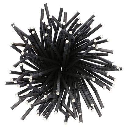 An assembly of PAPSTAR 100 straws, paper Ø 6 mm from PAPSTAR GmbH, arranged in a sphere with black paper straws with white tips radiating outward from the center, viewed from above.