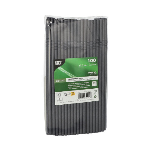 A sealed package with 100 PAPSTAR 6 mm paper straws from PAPSTAR GmbH is depicted upright. The packaging shows product information, a barcode, and symbols for specifications and certifications.