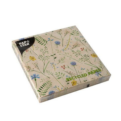A square package PAPSTAR 20 napkins, 33x33 cm, 3-ply, made from recycled paper with a floral pattern and a black "PAP STAR" label in the top left corner, packed in clear plastic. Brand: PAPSTAR GmbH.