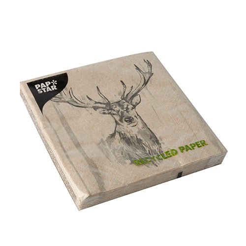 A stack of PAPSTAR 20 napkins, 33x33 cm, 3-ply, 1/4-folded natural from PAPSTAR GmbH comes in a square package with a sketched deer head and carries the eco-label "Recycled Paper".