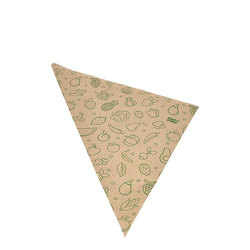 The PAPSTAR 1000 pointed bags, brown kraft paper "Fruits & Vegs" from PAPSTAR GmbH are environmentally friendly, brown triangular paper napkins with green-bordered fruit and vegetable illustrations.