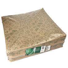 A stack of PAPSTAR 1000 pointed bags made of brown kraft paper "Fruits & Vegetables" from PAPSTAR GmbH, packed in transparent plastic with eco-friendly green fruit and vegetable designs and a visible green-white product information label on the side.