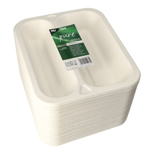 A stack of PAPSTAR 100 sealable, sugarcane 2-compartment, white trays from PAPSTAR GmbH, each with two compartments and a 'pure' label - perfect eco-friendly disposable tableware for catering events.