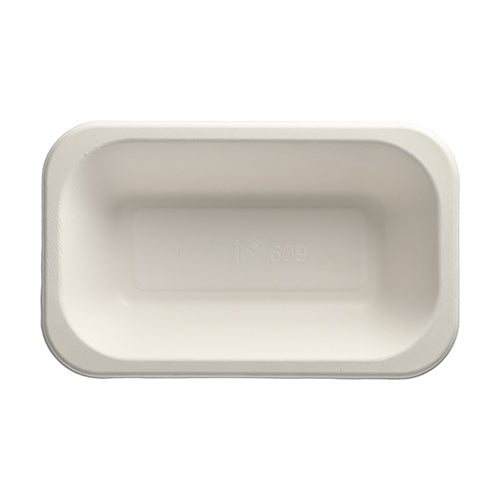 The PAPSTAR 100 sealing trays of PAPSTAR GmbH are white, rectangular disposable trays made from sugarcane. They feature rounded corners, a smooth surface, and an embossed symbol and number in the center for eco-friendly packaging.