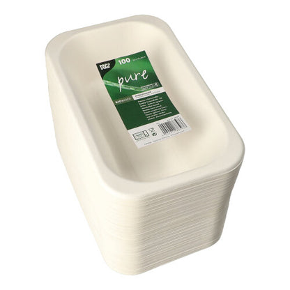 A stack of rectangular white PAPSTAR 100 sealing trays made from sugarcane with a green-white label on top shows product information and the word "pure" – the eco-friendly packaging from PAPSTAR GmbH.