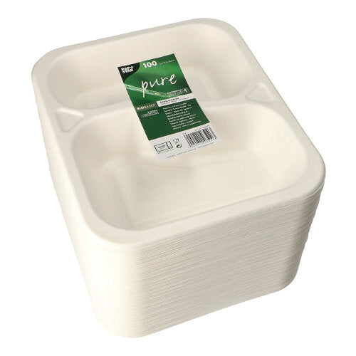 100 white PAPSTAR sugarcane sealable trays, 2-compartment, sustainable and ideal as eco-friendly disposable tableware for catering - practically packaged in the brand label of PAPSTAR GmbH.