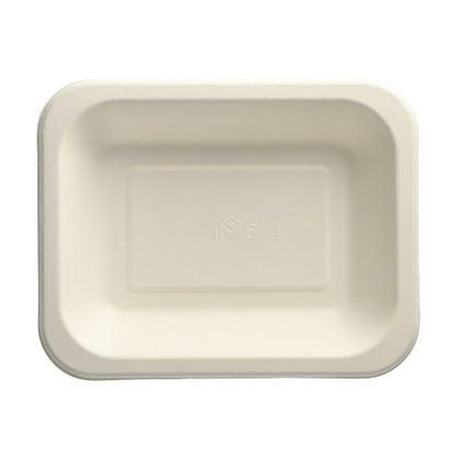 The PAPSTAR 100 sealing trays made from white sugarcane (PAPSTAR GmbH) are rectangular, eco-friendly disposable containers with slightly rounded corners and raised edges – seen from above on a neutral background.