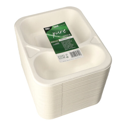 A stack of white PAPSTAR 100 sealable sugarcane trays, 2-compartment, as eco-friendly disposable tableware for catering. The green label reads 'pure' and '100% compostable'. Brand: PAPSTAR GmbH.